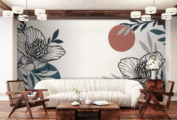 Witte achtergrond met zwarte en witte bloemen en bladeren Witte achtergrond met zwarte en witte bloemen en bladeren