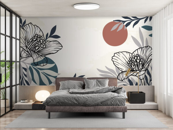 Witte achtergrond met zwarte en witte bloemen en bladeren Witte achtergrond met zwarte en witte bloemen en bladeren