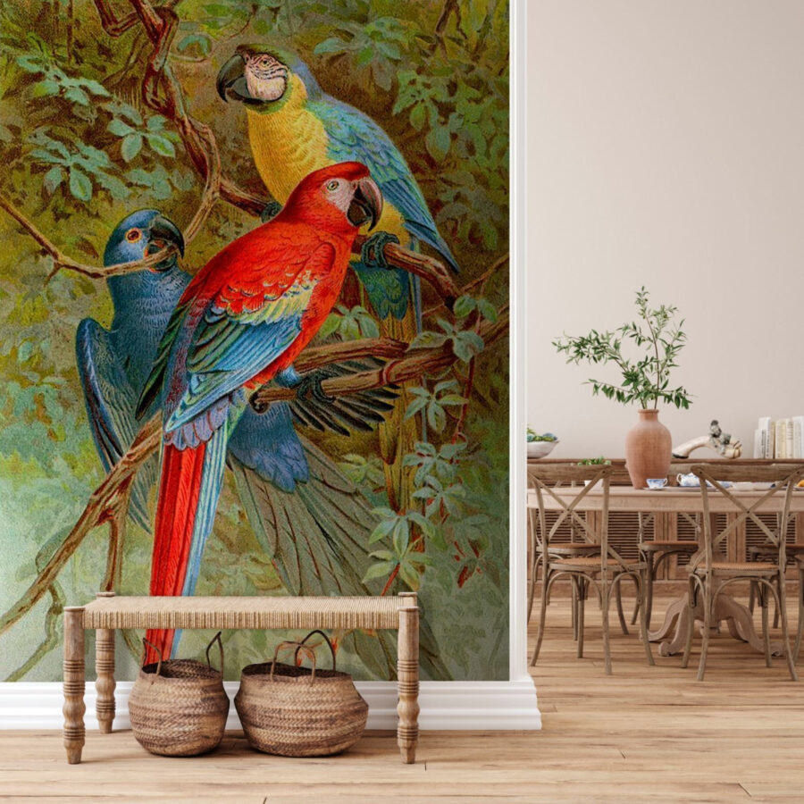 Groep kleurrijke vogels op een boomtak