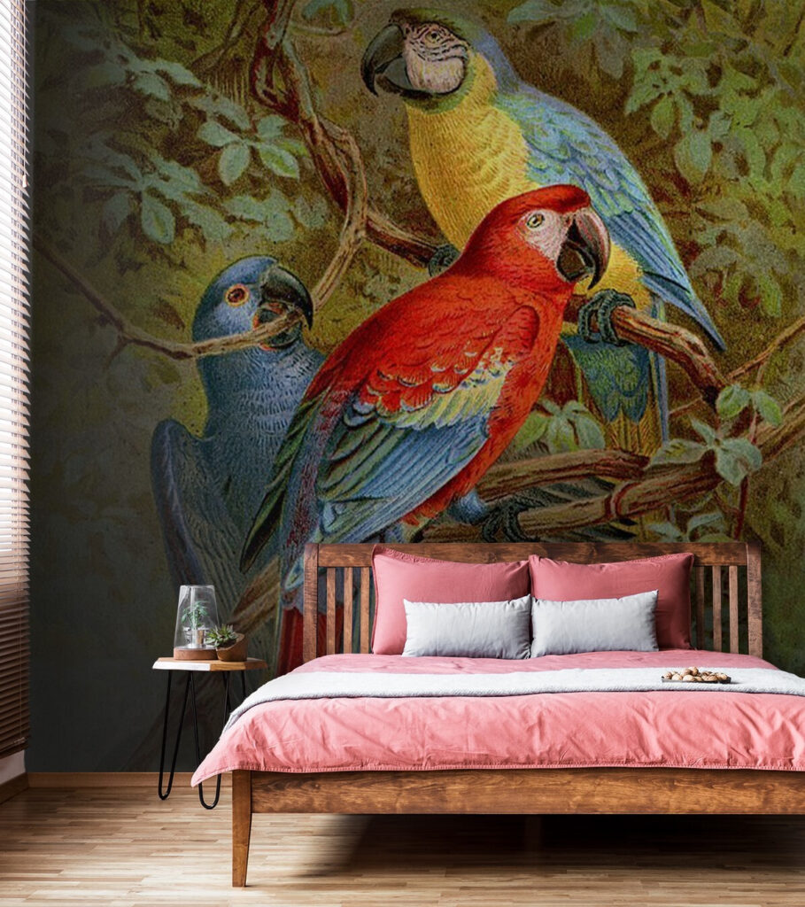 Groep kleurrijke vogels op een boomtak u71620pib1m 909x1024 - Groep kleurrijke vogels op een boomtak - tegory