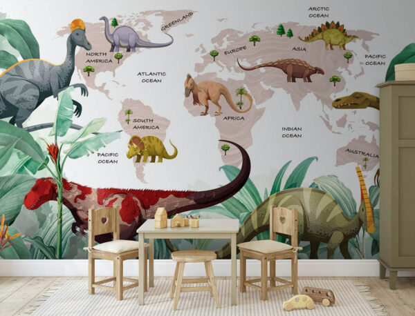 Kaart van dinosaurussen met planten en namen Kaart van dinosaurussen met planten en namen
