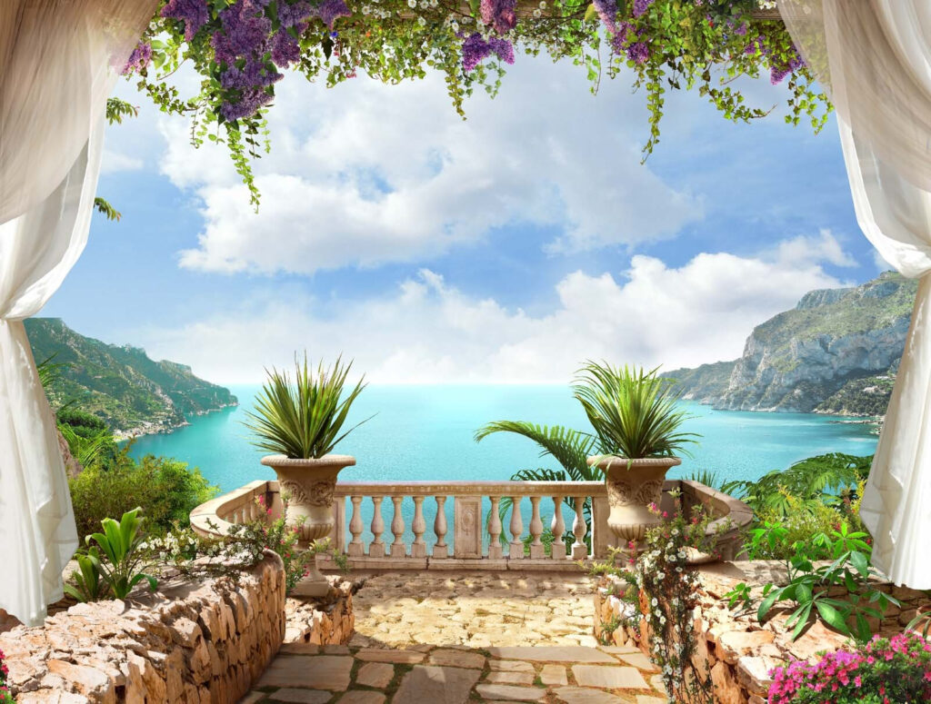 Balkon met planten en uitzicht op de oceaan Balkon met planten en uitzicht op de oceaan