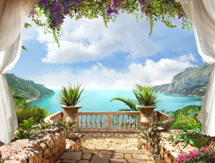 Fotobehang Balkon met planten en uitzicht op de oceaan - Afbeelding 3