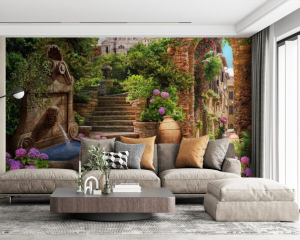 Stenen pad met fontein en trappen en bloemen Stenen pad met fontein en trappen en bloemen