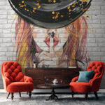 Fotobehang Schilderij van een vrouw met hoed