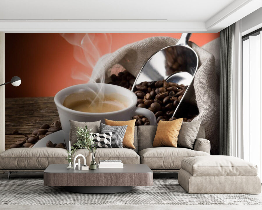 Kopje koffie met stoom en koffiebonen