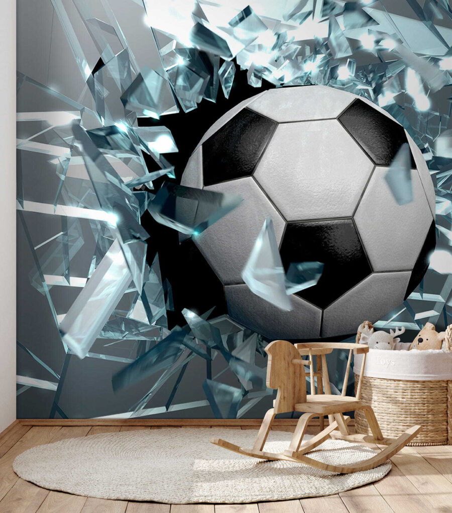 Voetbal die door glas breekt