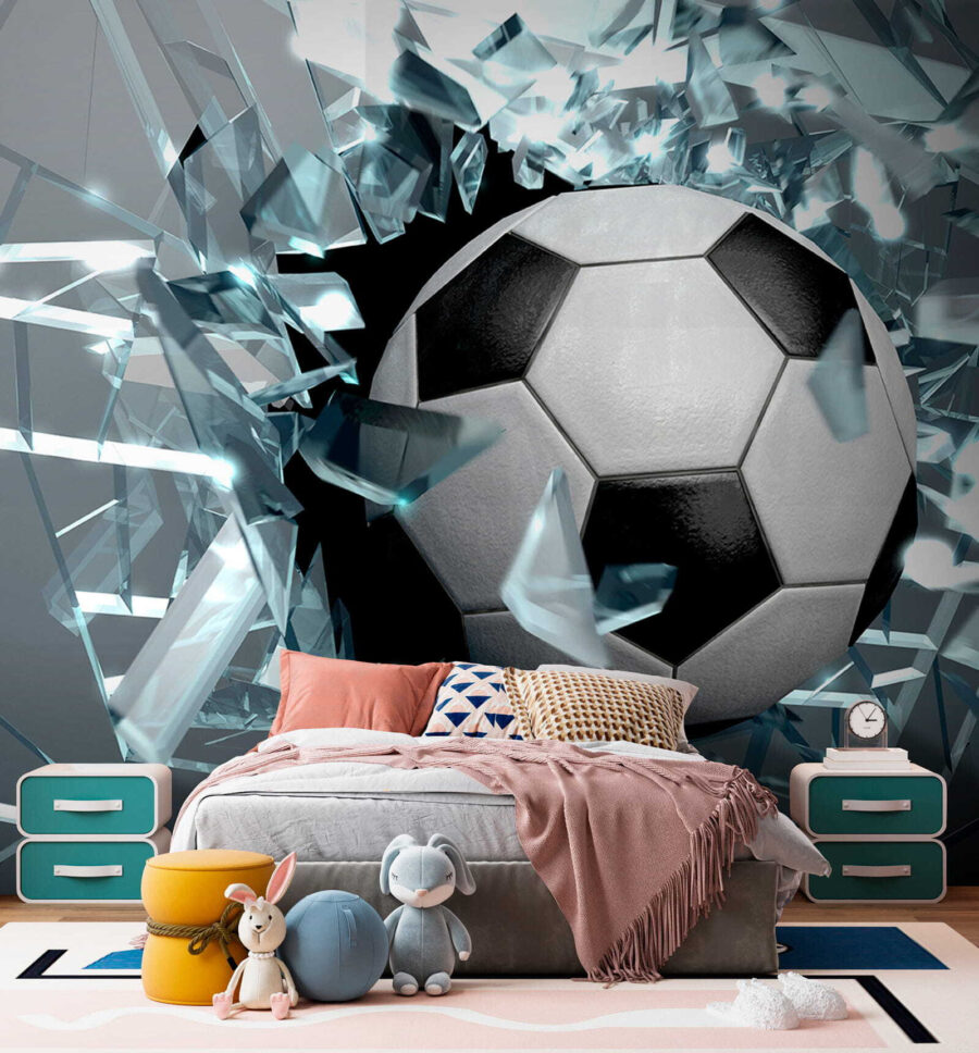 Voetbal die door glas breekt
