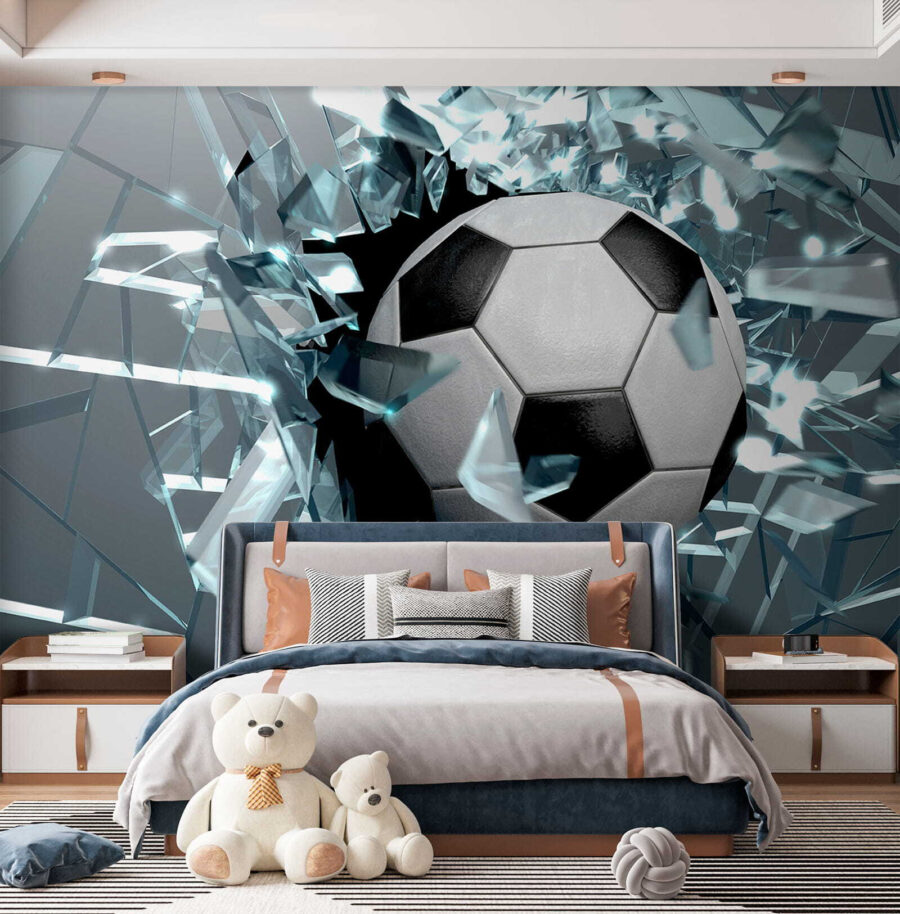 Voetbal die door glas breekt