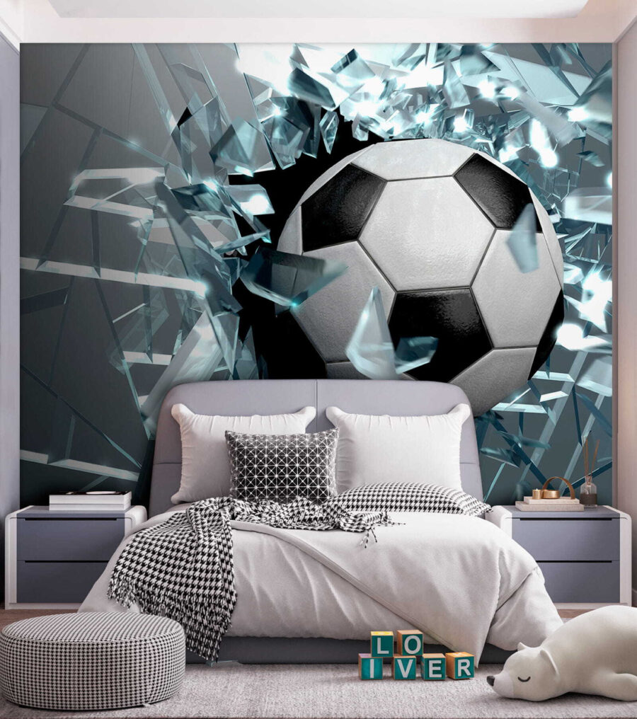 Voetbal die door glas breekt