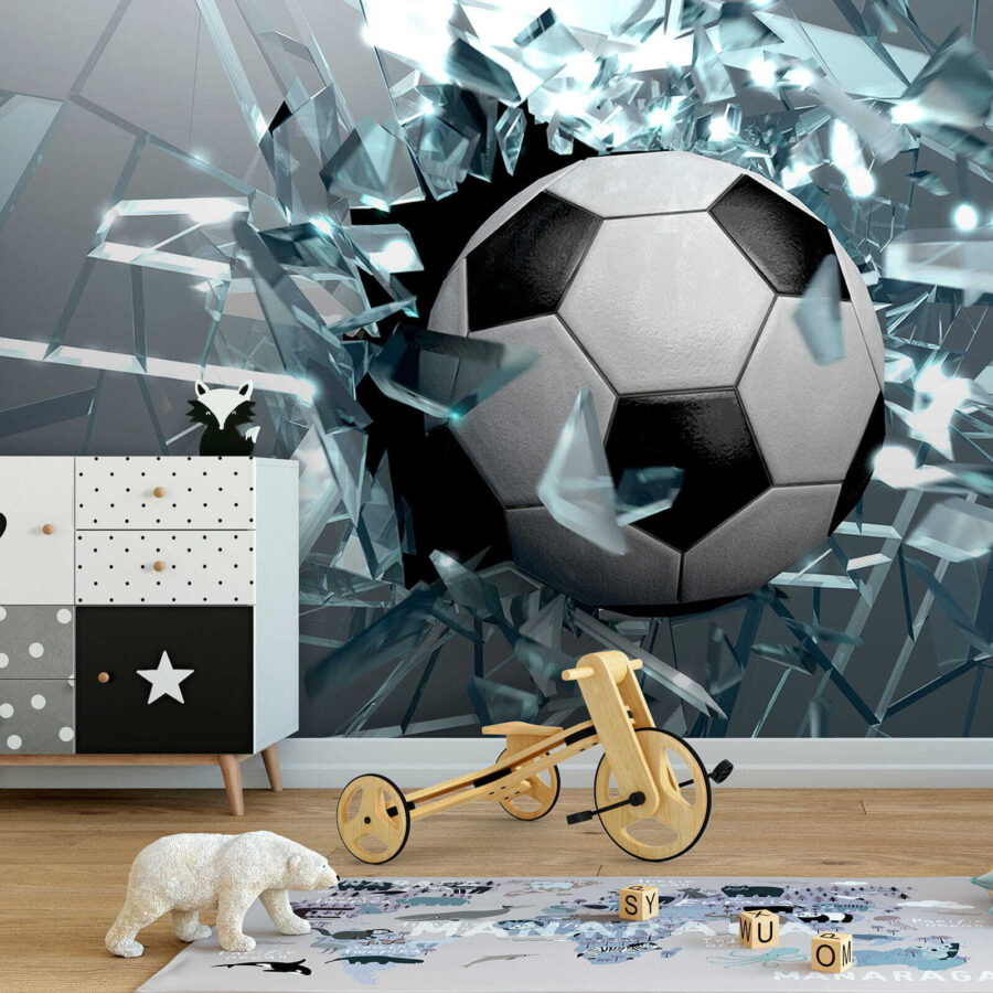 Voetbal die door glas breekt