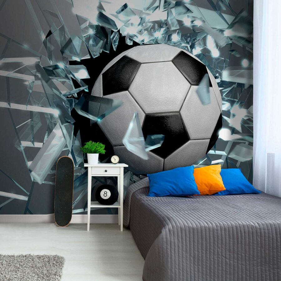 Voetbal die door glas breekt