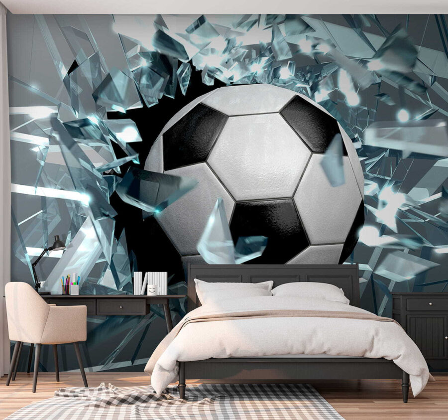 Voetbal die door glas breekt