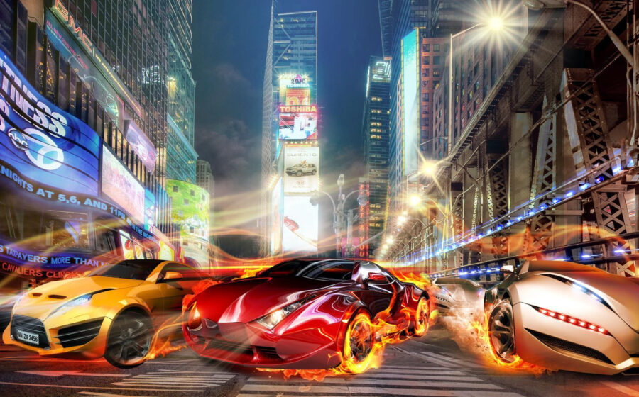 Auto in brand in een stad Auto in brand in een stad