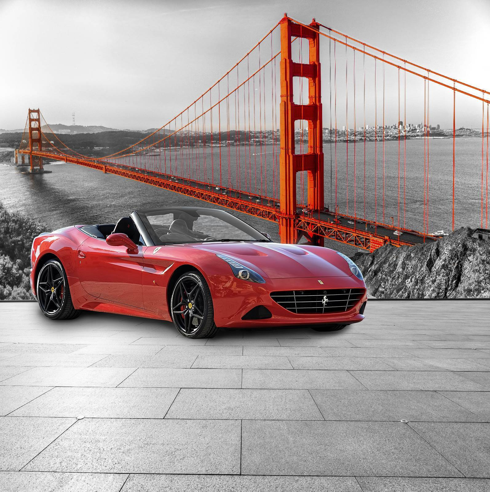 Rode sportwagen op een weg met een brug op de achtergrond u64433p - Rode sportwagen op een weg met een brug op de achtergrond - tegory