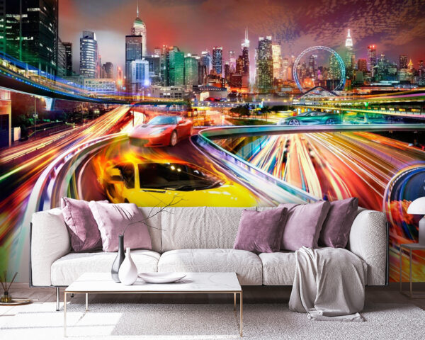 Yellow and red sports cars on a road with a city in the background Yellow and red sports cars on a road with a city in the background