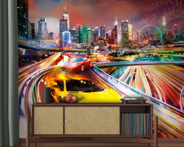 Yellow and red sports cars on a road with a city in the background Yellow and red sports cars on a road with a city in the background