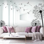 Fotobehang Meisje op de fiets in een kamer met paardenbloemen