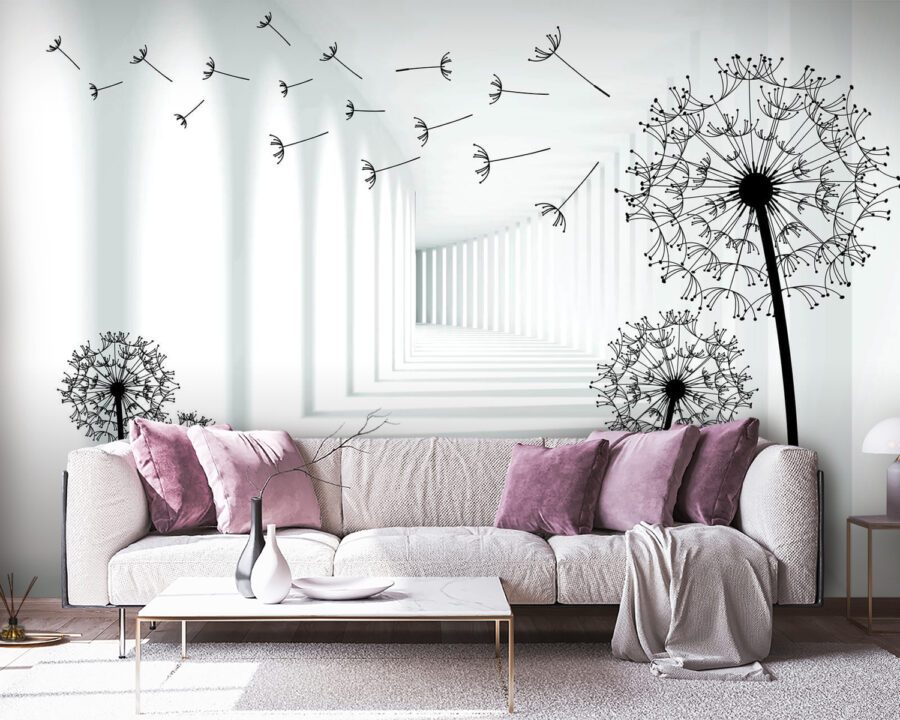 Meisje op de fiets in een kamer met paardenbloemen