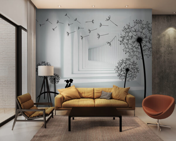 Meisje op de fiets in een kamer met paardenbloemen Meisje op de fiets in een kamer met paardenbloemen