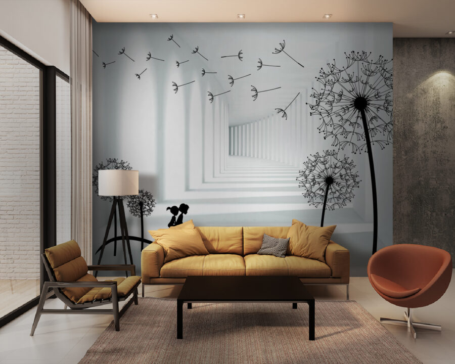 Meisje op de fiets in een kamer met paardenbloemen