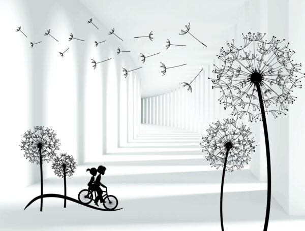 Meisje op de fiets in een kamer met paardenbloemen Meisje op de fiets in een kamer met paardenbloemen