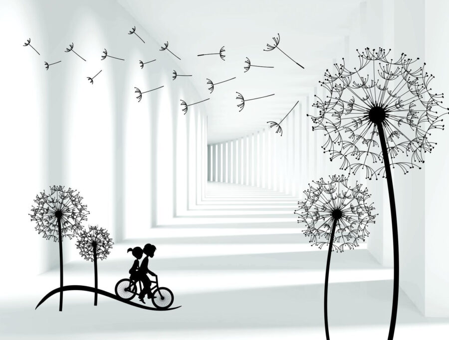 Meisje op de fiets in een kamer met paardenbloemen