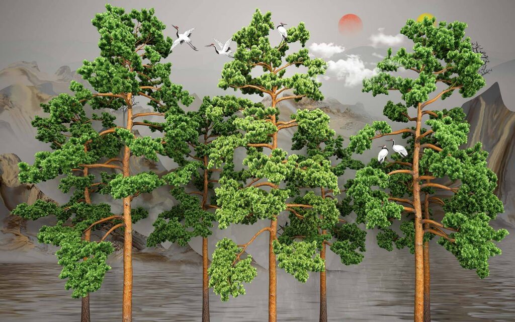 Groep bomen met vogels erboven Groep bomen met vogels erboven