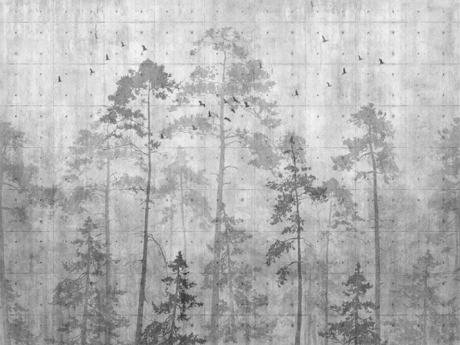 Grijze muur met bomen en vogels