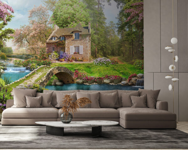 Stenen brug over een vijver met een huis en bomen Stenen brug over een vijver met een huis en bomen