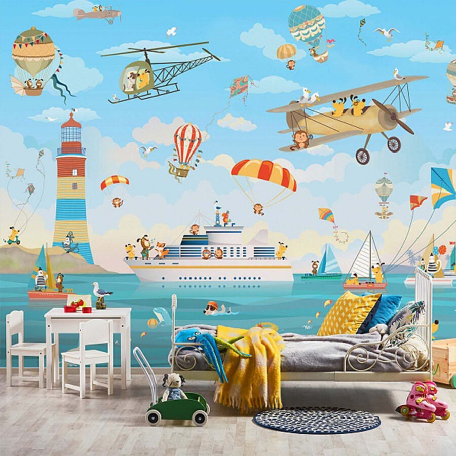 Cartoon dieren vliegen over een boot Cartoon dieren vliegen over een boot