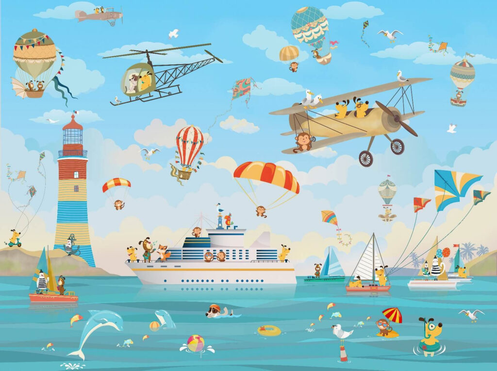 Cartoon dieren vliegen over een boot Cartoon dieren vliegen over een boot