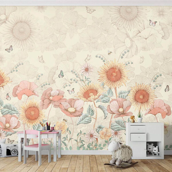 Behang met bloemen en vlinders Behang met bloemen en vlinders