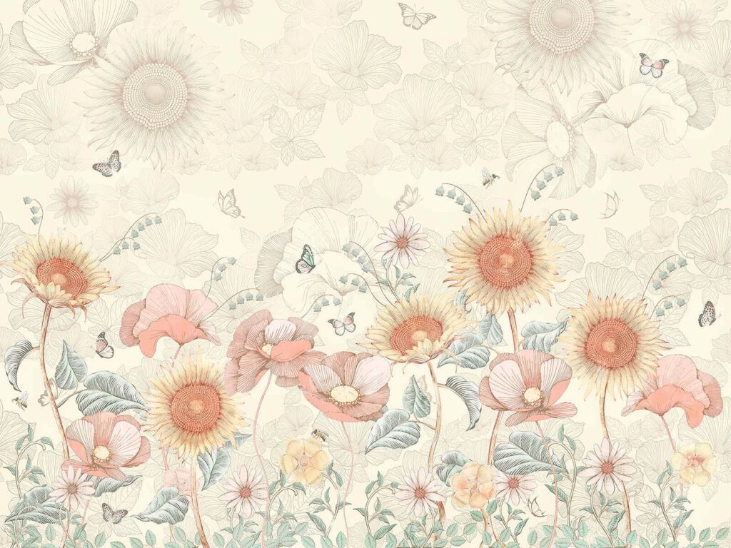 Behang met bloemen en vlinders Behang met bloemen en vlinders