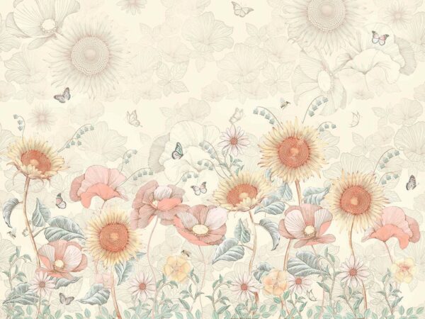 Behang met bloemen en vlinders Behang met bloemen en vlinders