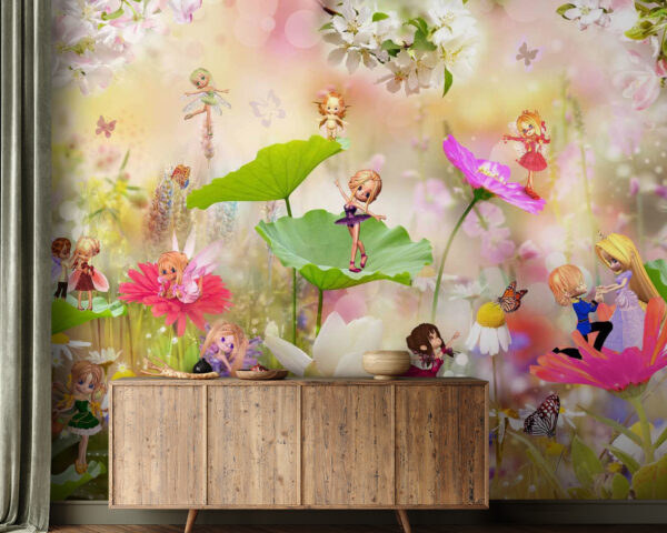 Groep van cartoon feeën op bloemen Groep van cartoon feeën op bloemen