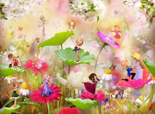 Groep van cartoon feeën op bloemen Groep van cartoon feeën op bloemen