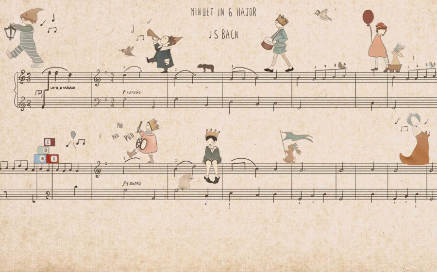 Muziekblad met tekeningen van mensen die instrumenten bespelen