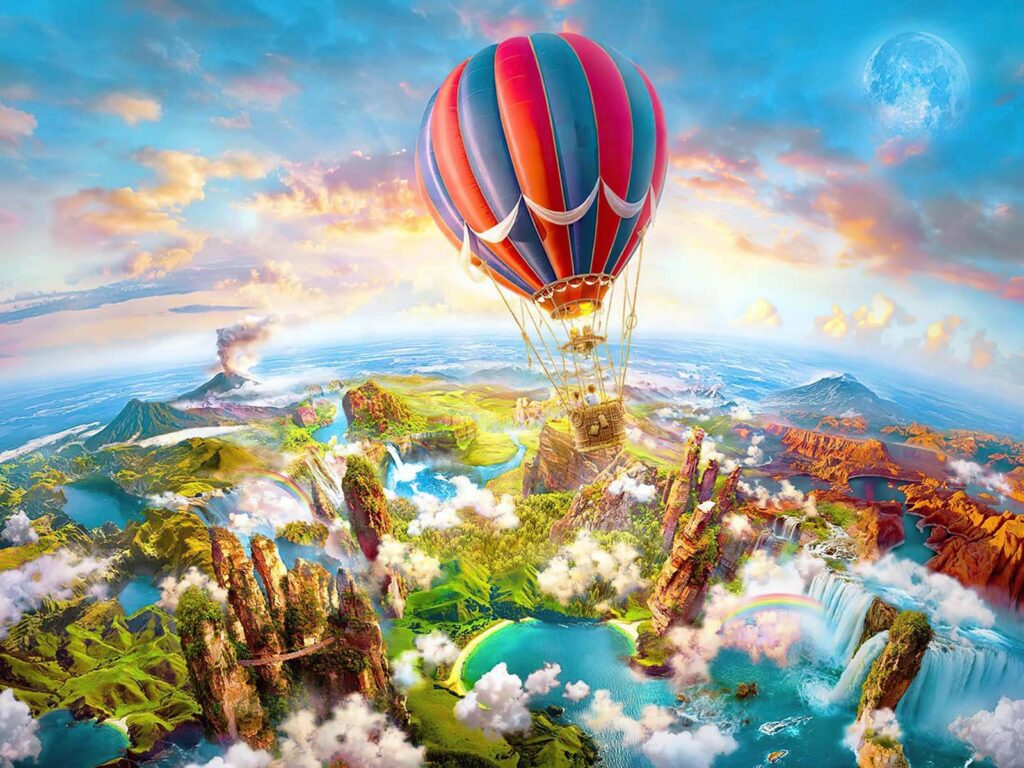 Luchtballon over een landschap Luchtballon over een landschap