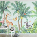 Fotobehang Giraffe en zebra in een jungle