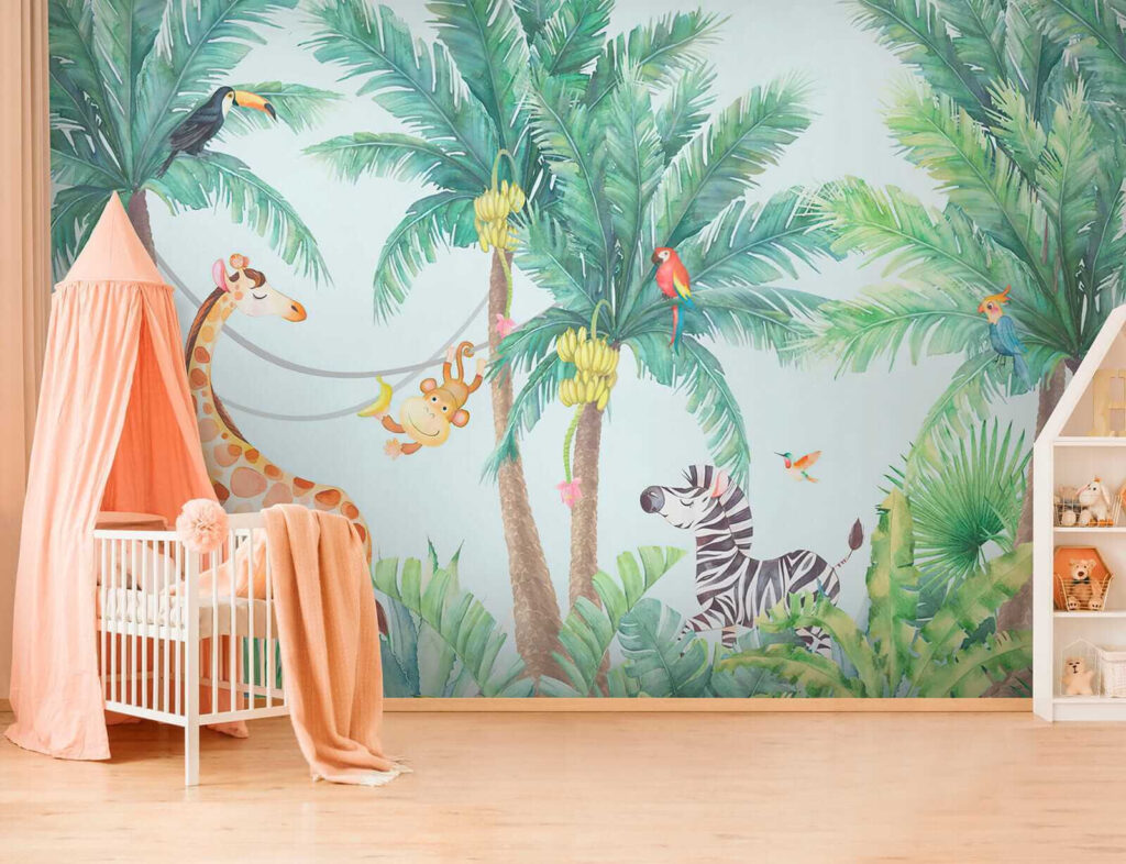 Giraffe and zebra in a jungle