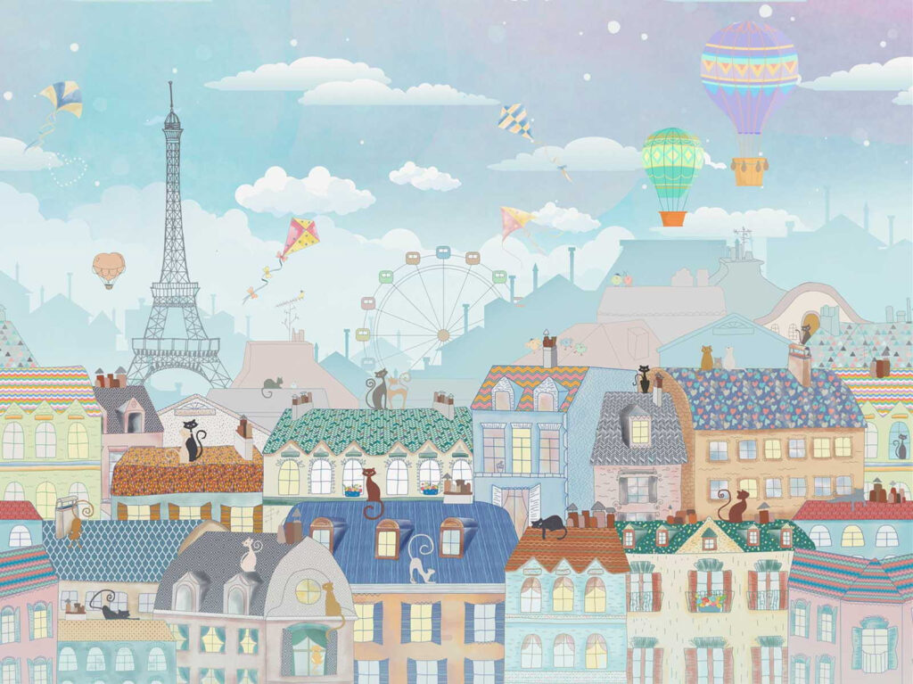Cartoonstad met veel gebouwen en heteluchtballonnen Cartoonstad met veel gebouwen en heteluchtballonnen