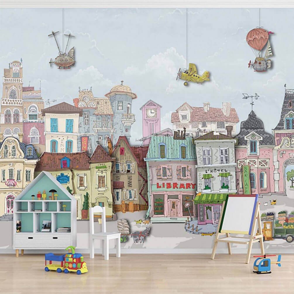 Groep gebouwen met auto's en vliegtuigen u62113pir1m - Groep gebouwen met auto's en vliegtuigen - tegory