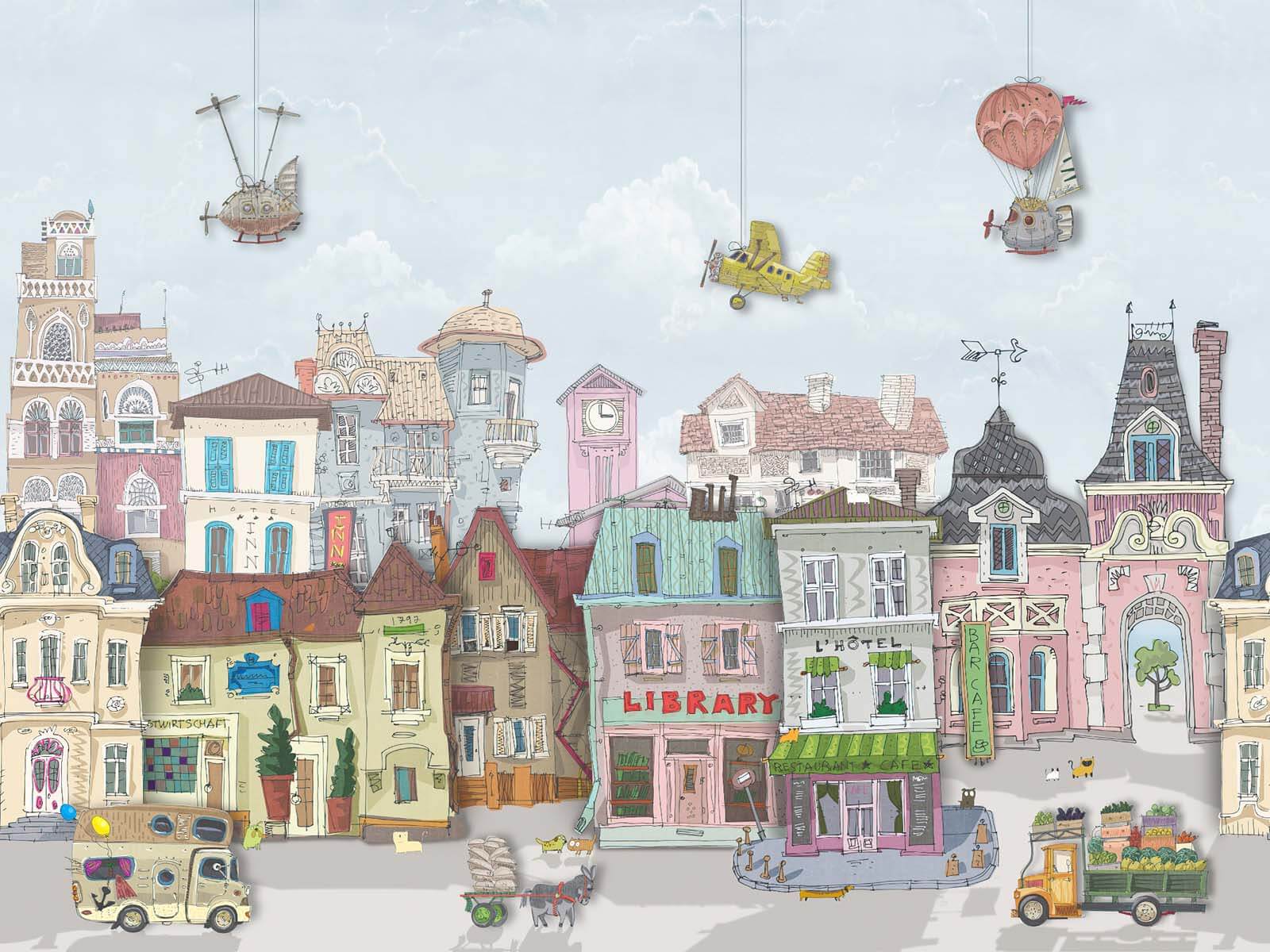 Groep gebouwen met auto's en vliegtuigen u62113p - Groep gebouwen met auto's en vliegtuigen - tegory