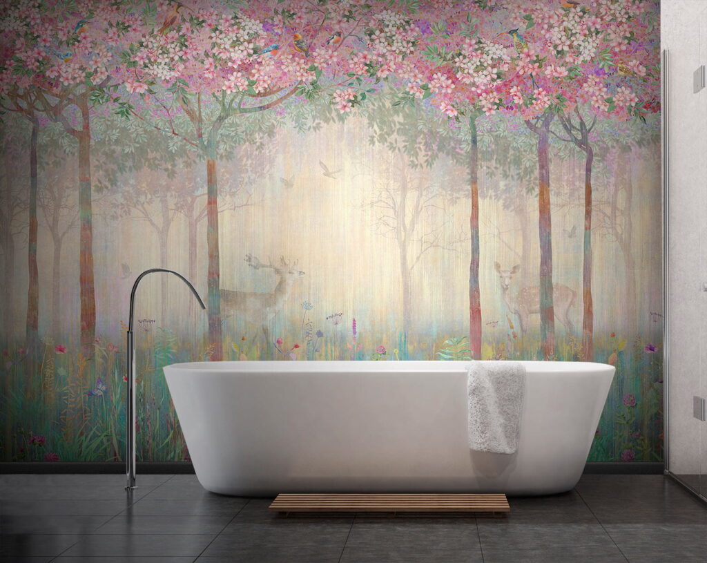 Painting of a forest with trees and flowers