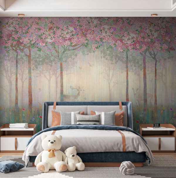 Schilderij van een bos met bomen en bloemen Schilderij van een bos met bomen en bloemen