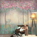 Fotobehang Schilderij van een bos met bomen en bloemen