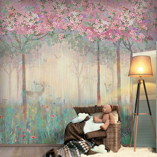 Schilderij van een bos met bomen en bloemen Schilderij van een bos met bomen en bloemen
