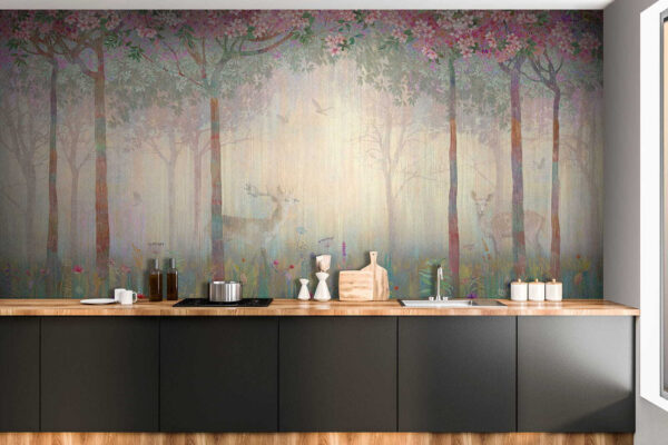 Schilderij van een bos met bomen en bloemen Schilderij van een bos met bomen en bloemen