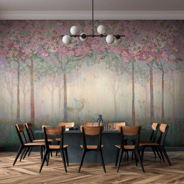 Schilderij van een bos met bomen en bloemen Schilderij van een bos met bomen en bloemen